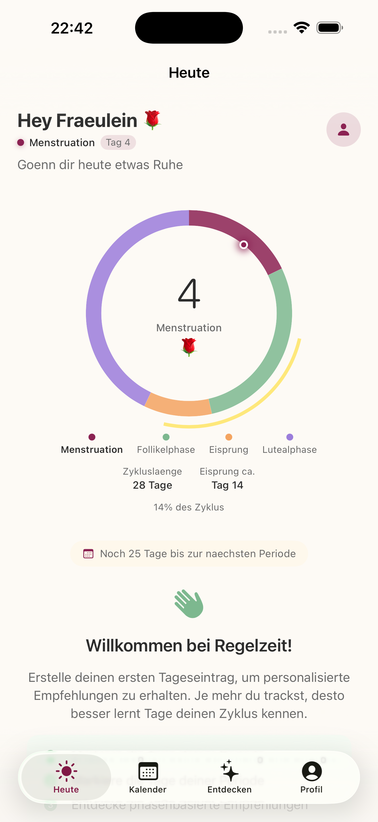 Regelzeit Dashboard — Zyklusrad mit Tagesanzeige