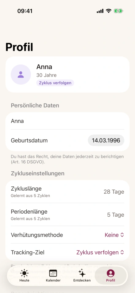 Profil — Persönliche Daten und Zykluseinstellungen